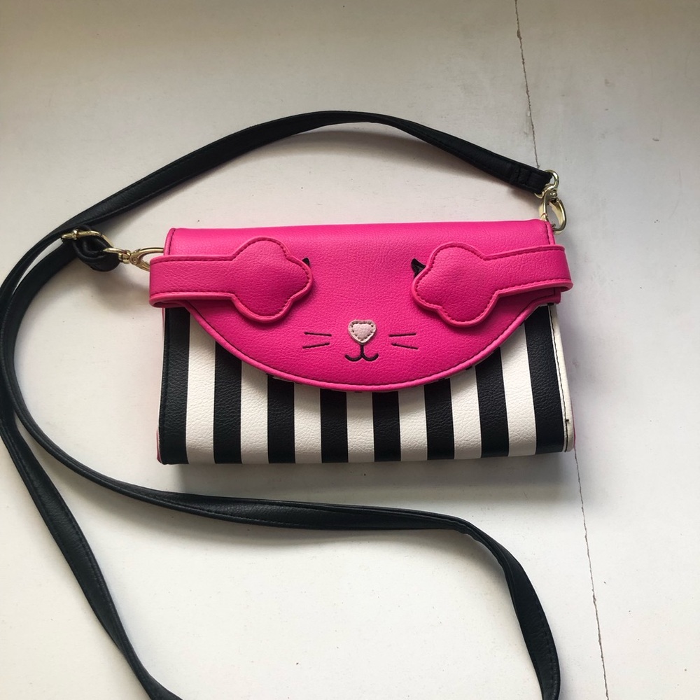 Betsey Johnson Pink and Black Cat Crossbody Bag